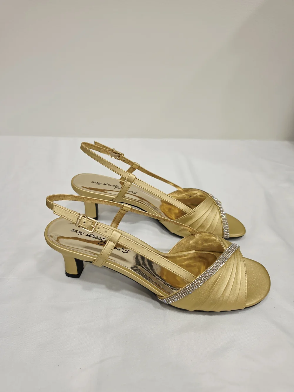 easy street Gold Satin Delite Slingback Heels with Rhinestone Band